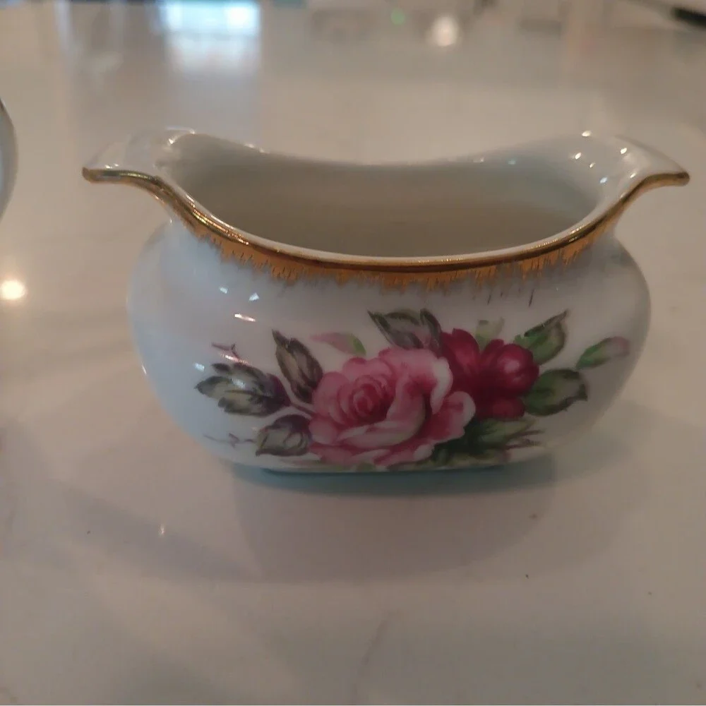 Vintage Lefton China Sugar Bowl & Creamer Hand Painted Gold Trim Tea Rose